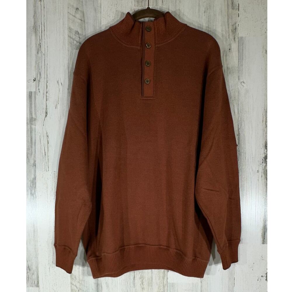 Alexander Julian Sweater Size Medium Rust Brown Mock Button Neck 100% Cotton‎